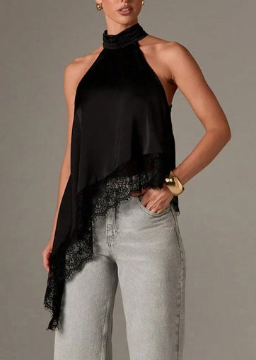 Handmade Black Asymmetrical Lace Patchwork Silk Halter Vests Summer