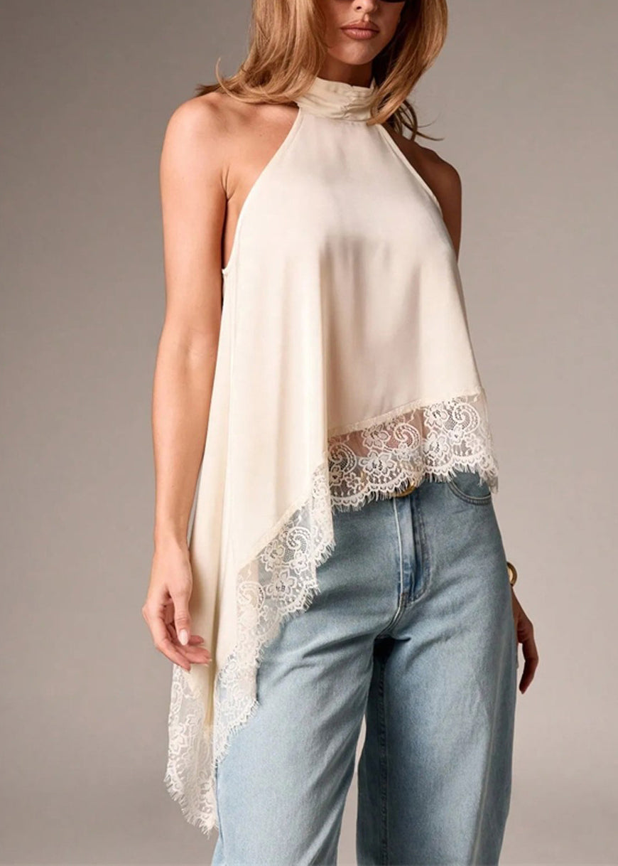Handmade Black Asymmetrical Lace Patchwork Silk Halter Vests Summer