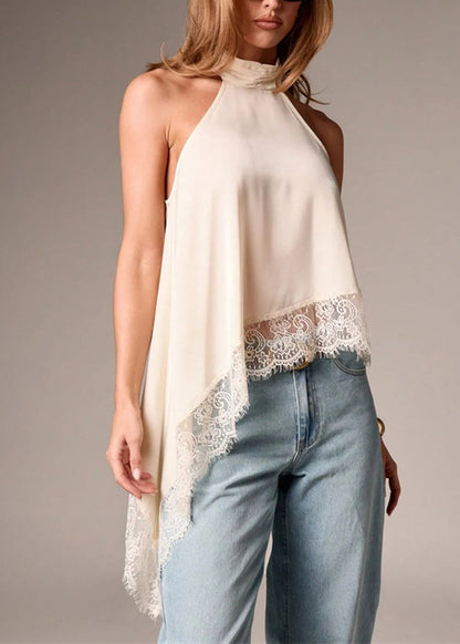 Handmade Black Asymmetrical Lace Patchwork Silk Halter Vests Summer