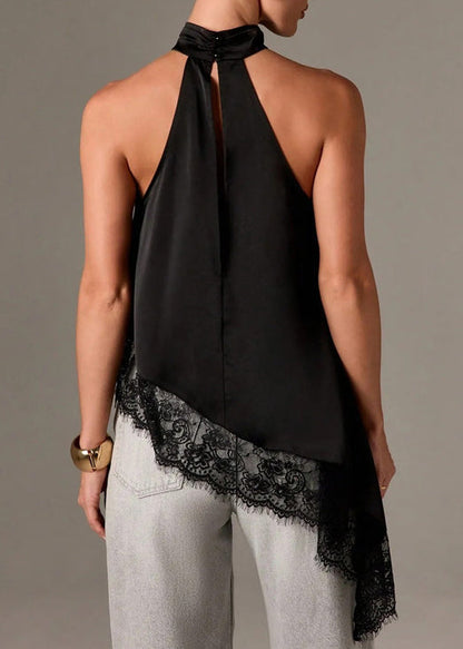 Handmade Black Asymmetrical Lace Patchwork Silk Halter Vests Summer