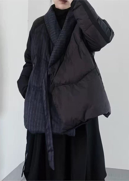 Handmade Black Asymmetrical Patchwork Duck Down Puffers Jackets Winter