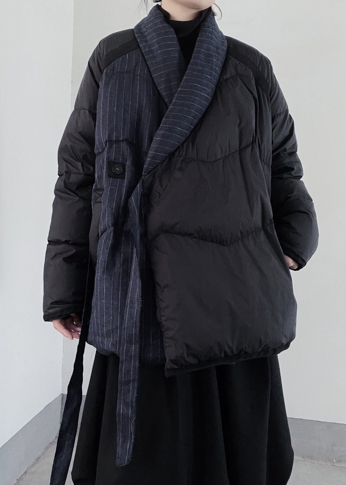 Handmade Black Asymmetrical Patchwork Duck Down Puffers Jackets Winter