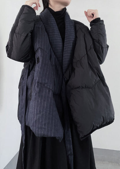 Handmade Black Asymmetrical Patchwork Duck Down Puffers Jackets Winter