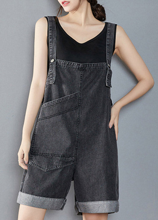 Handmade Black Asymmetrical Patchwork Pockets Denim Jumpsuit Sleeveless