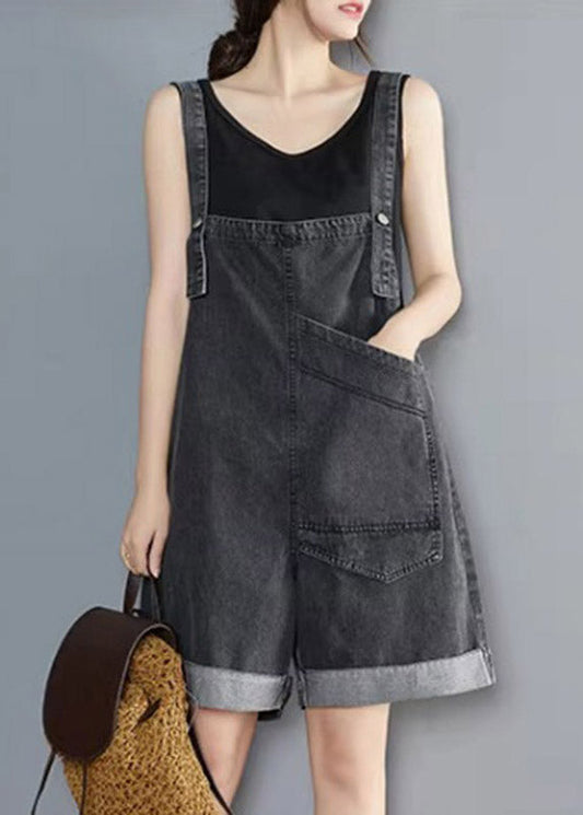 Handmade Black Asymmetrical Patchwork Pockets Denim Jumpsuit Sleeveless