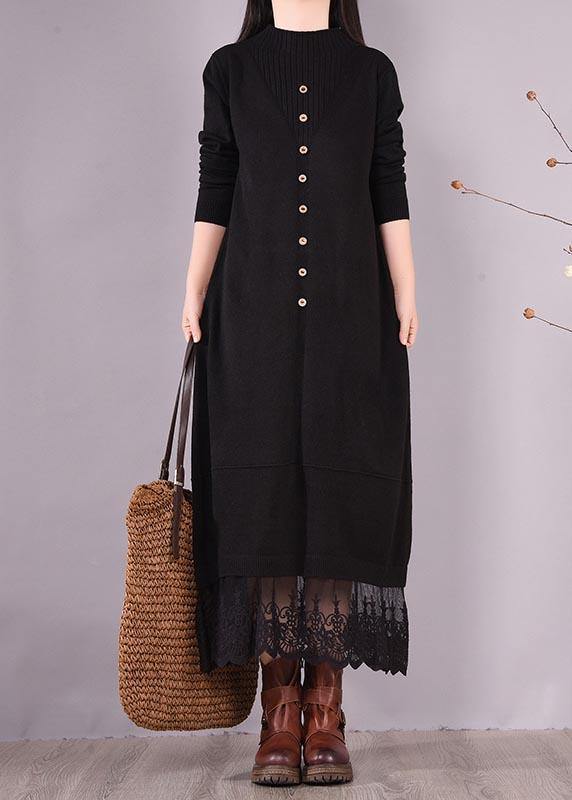 Handmade Black Clothes O Neck Patchwork Lace Kaftan Spring Dresses - SooLinen