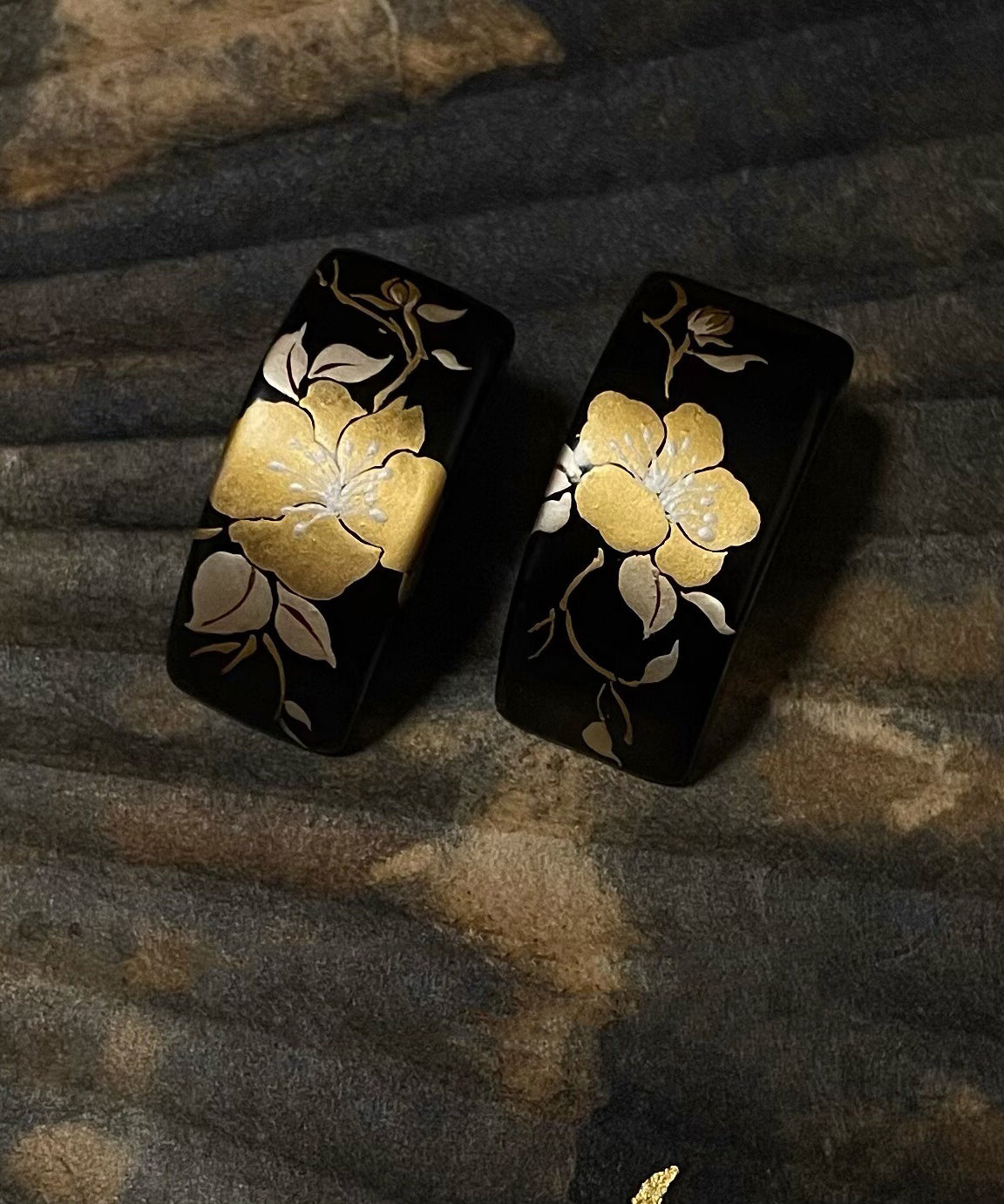 Handmade Black Copper Alloy Camellia Stud Earrings