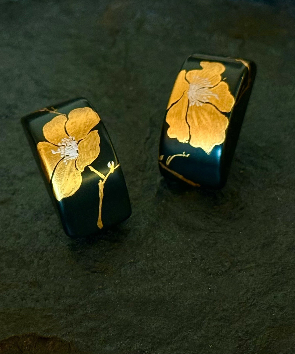 Handmade Black Copper Alloy Camellia Stud Earrings