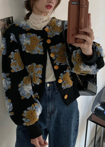 Handmade Black Embroidered Floral Faux Fur Jacket Spring