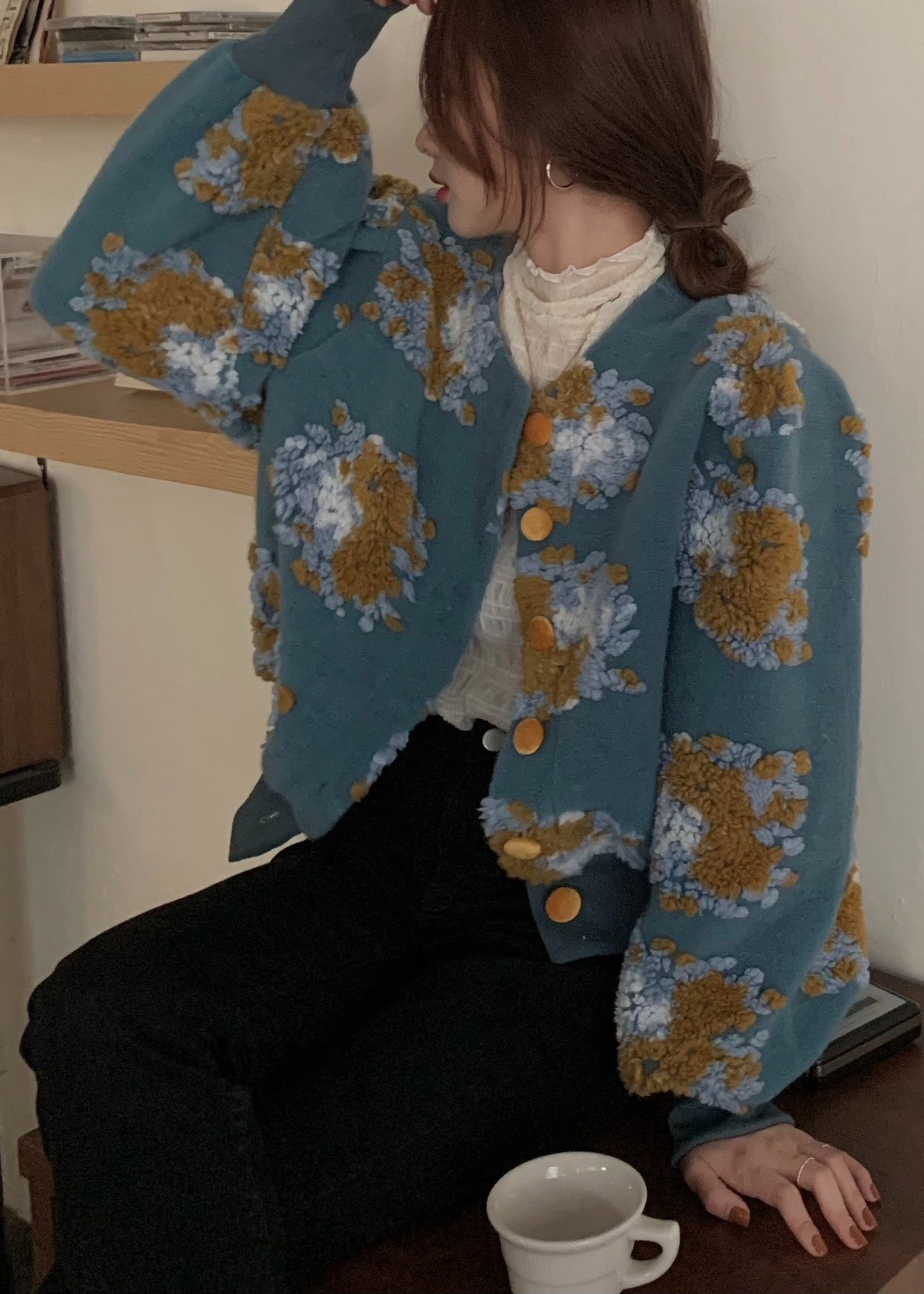 Handmade Black Embroidered Floral Faux Fur Jacket Spring