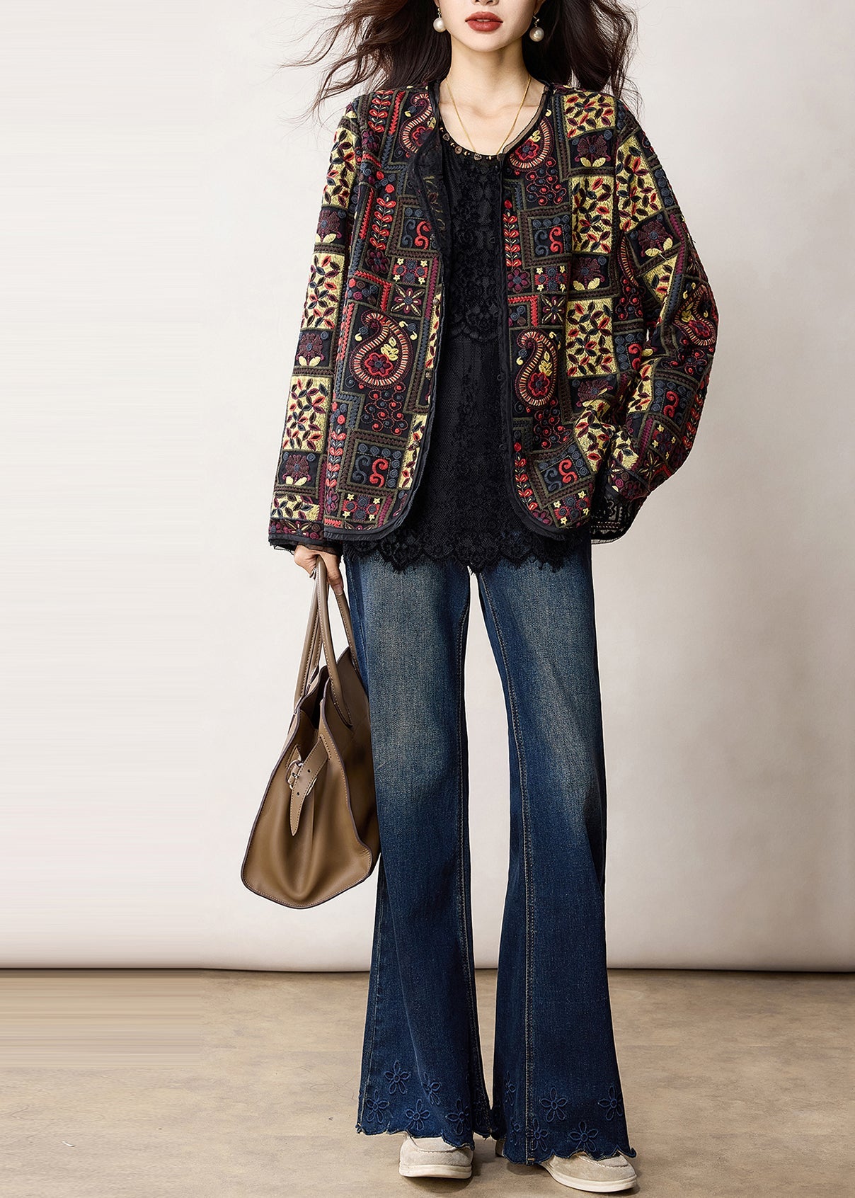 Handmade Black Embroidered Oversized Cotton Jacket Spring