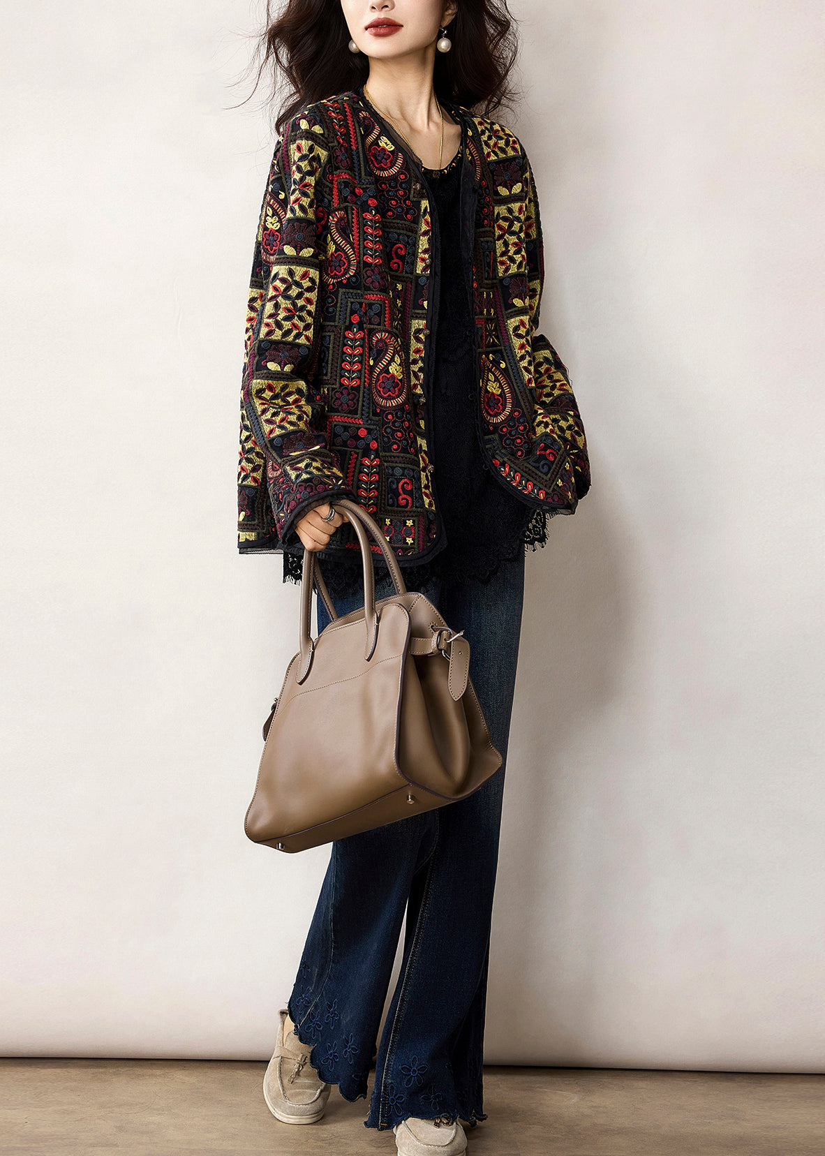 Handmade Black Embroidered Oversized Cotton Jacket Spring