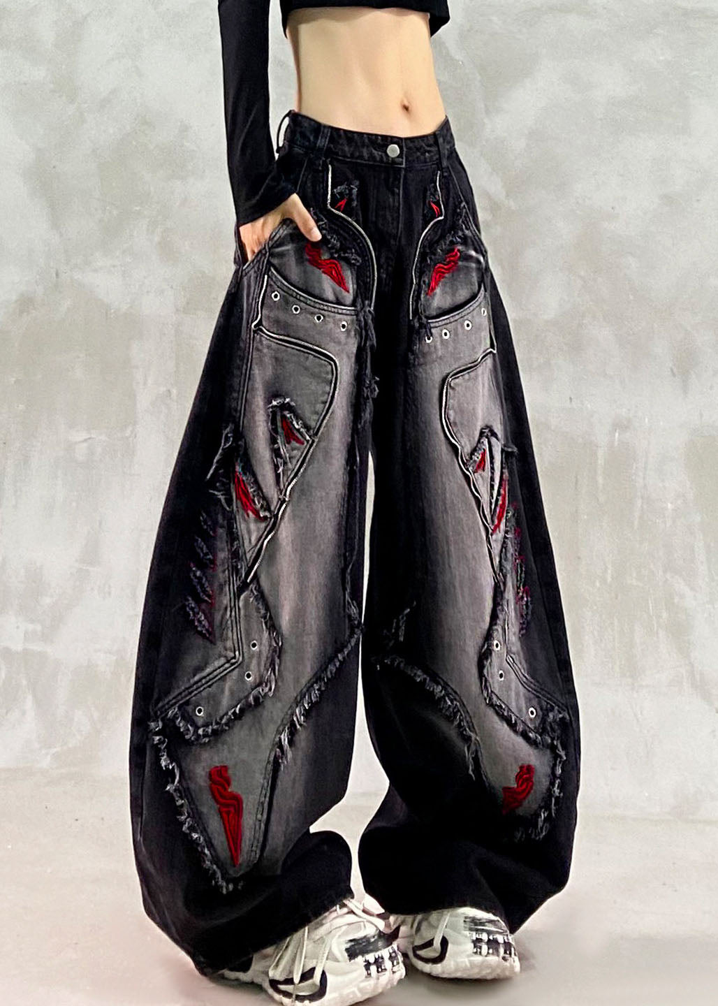 Handmade Black Embroidered Patchwork Wide Leg Jeans Fall