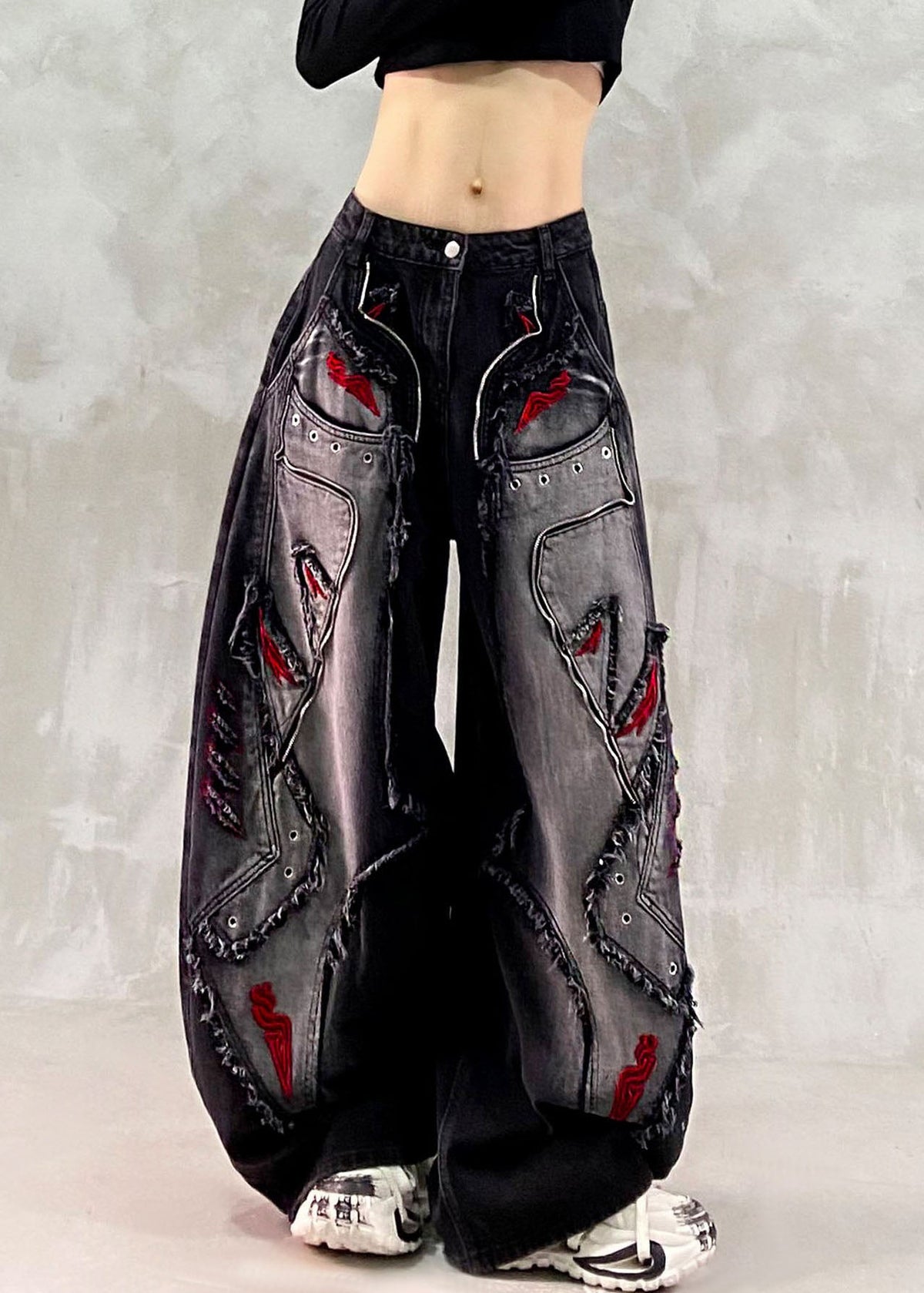 Handmade Black Embroidered Patchwork Wide Leg Jeans Fall