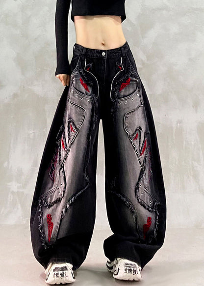 Handmade Black Embroidered Patchwork Wide Leg Jeans Fall