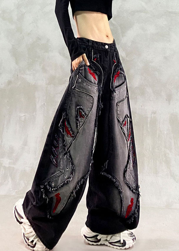Handmade Black Embroidered Patchwork Wide Leg Jeans Fall
