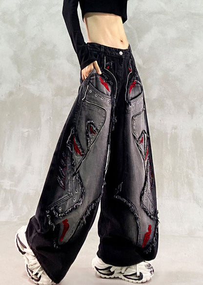 Handmade Black Embroidered Patchwork Wide Leg Jeans Fall