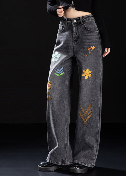 Handmade Black Embroidered Warm Fleece Denim Pants Winter