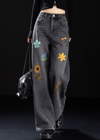 Handmade Black Embroidered Warm Fleece Denim Pants Winter