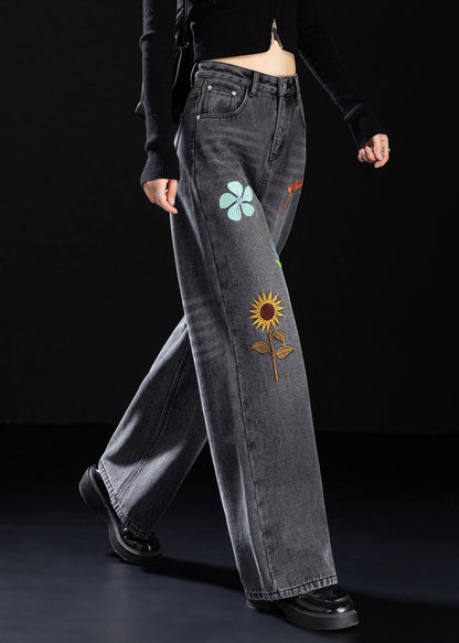 Handmade Black Embroidered Warm Fleece Denim Pants Winter