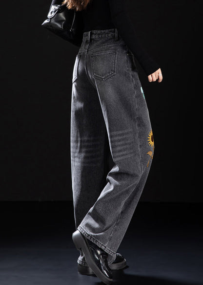 Handmade Black Embroidered Warm Fleece Denim Pants Winter