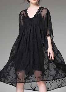 Handmade Black Embroidered Patchwork Tulle Two-Piece Set Dress Summer