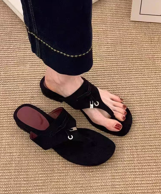 Handmade Black Faux Leather Low Heel Thong Sandals