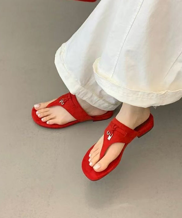 Handmade Black Faux Leather Low Heel Thong Sandals