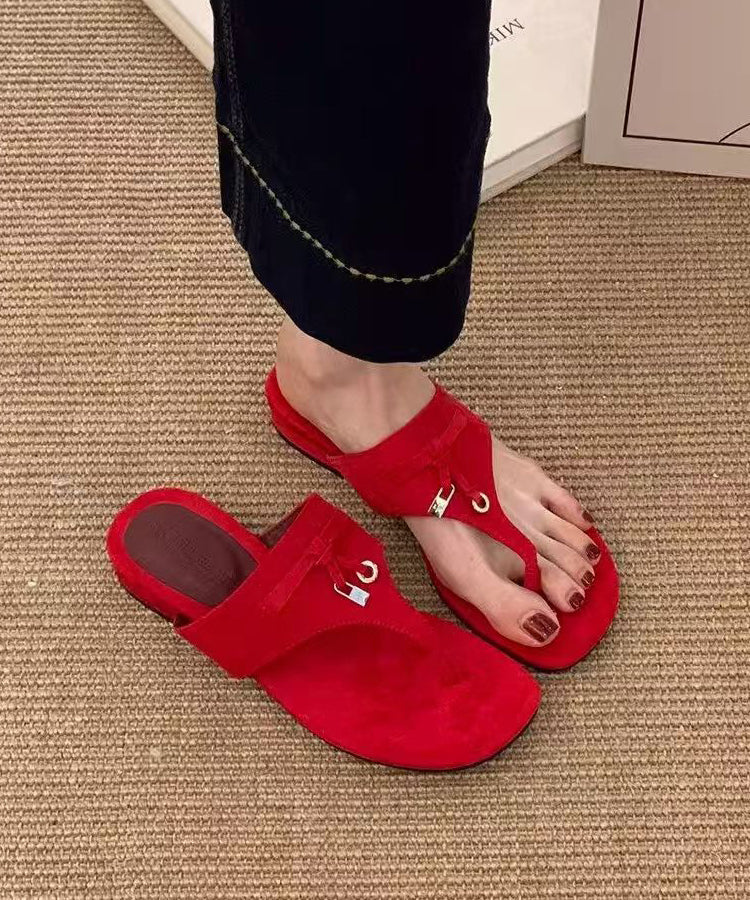 Handmade Black Faux Leather Low Heel Thong Sandals