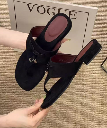 Handmade Black Faux Leather Low Heel Thong Sandals