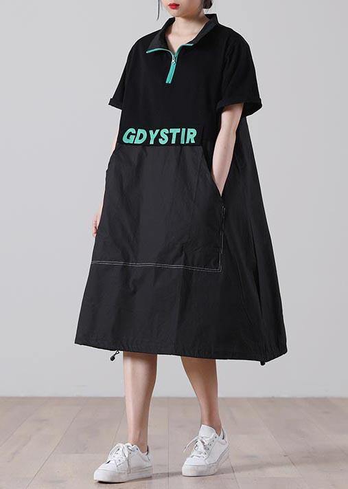 Handmade Black Graphic zippered Holiday Summer Cotton Dress - SooLinen