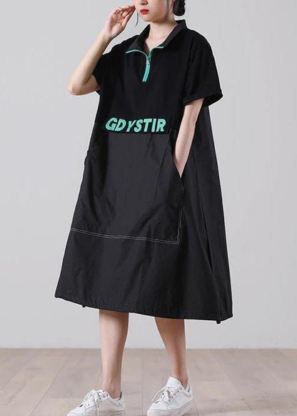Handmade Black Graphic zippered Holiday Summer Cotton Dress - SooLinen
