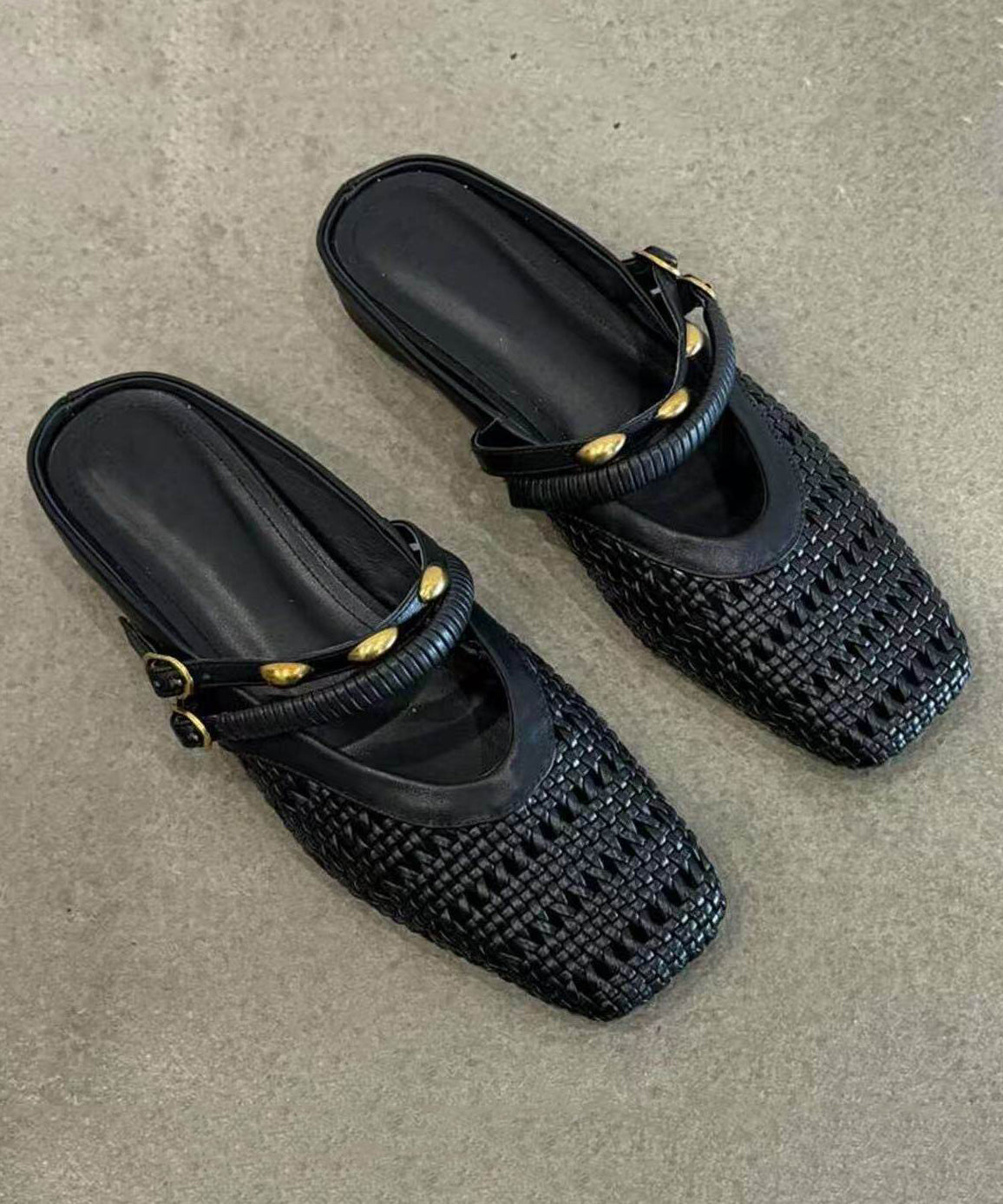 Handmade Black Hollow Out Splicing Sheepskin Slide Sandals