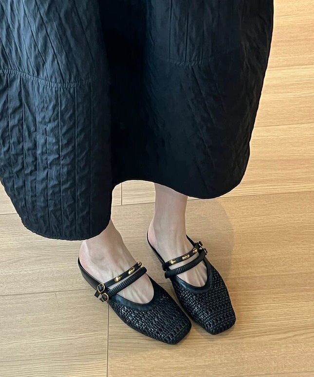 Handmade Black Hollow Out Splicing Sheepskin Slide Sandals