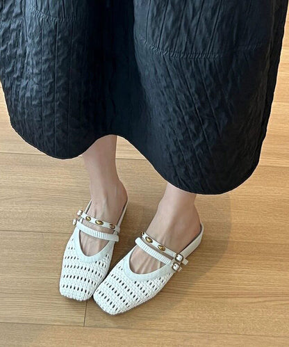 Handmade Black Hollow Out Splicing Sheepskin Slide Sandals