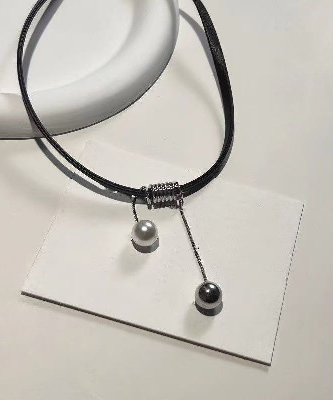 Handmade Black Leather Pearl Pendant Necklace