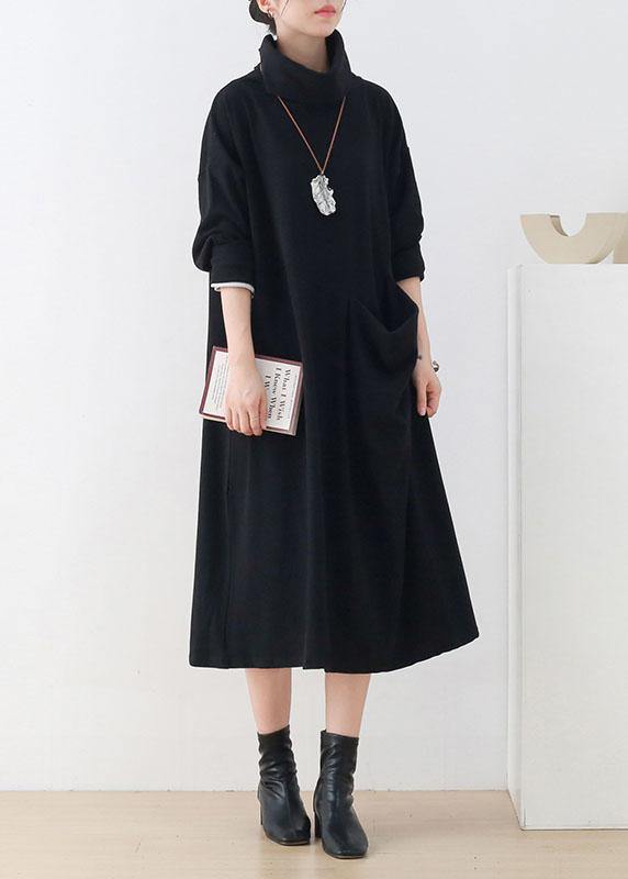 Handmade Black Loose Turtleneck Fall Cotton Dress Long sleeve - SooLinen