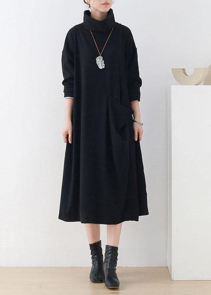 Handmade Black Loose Turtleneck Fall Cotton Dress Long sleeve - SooLinen