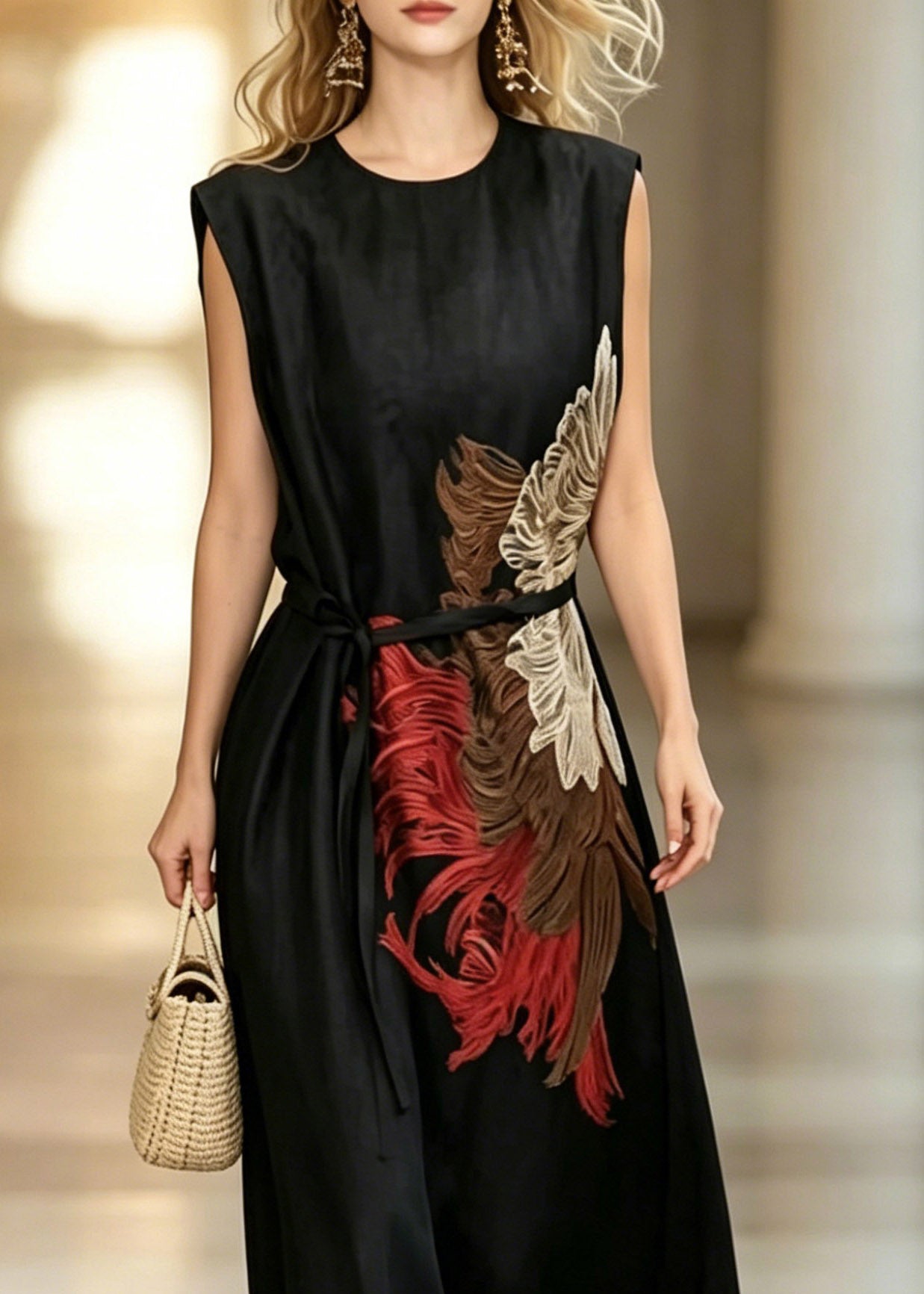 Handmade Black O-Neck Embroidered Sashes Long Dresses Summer