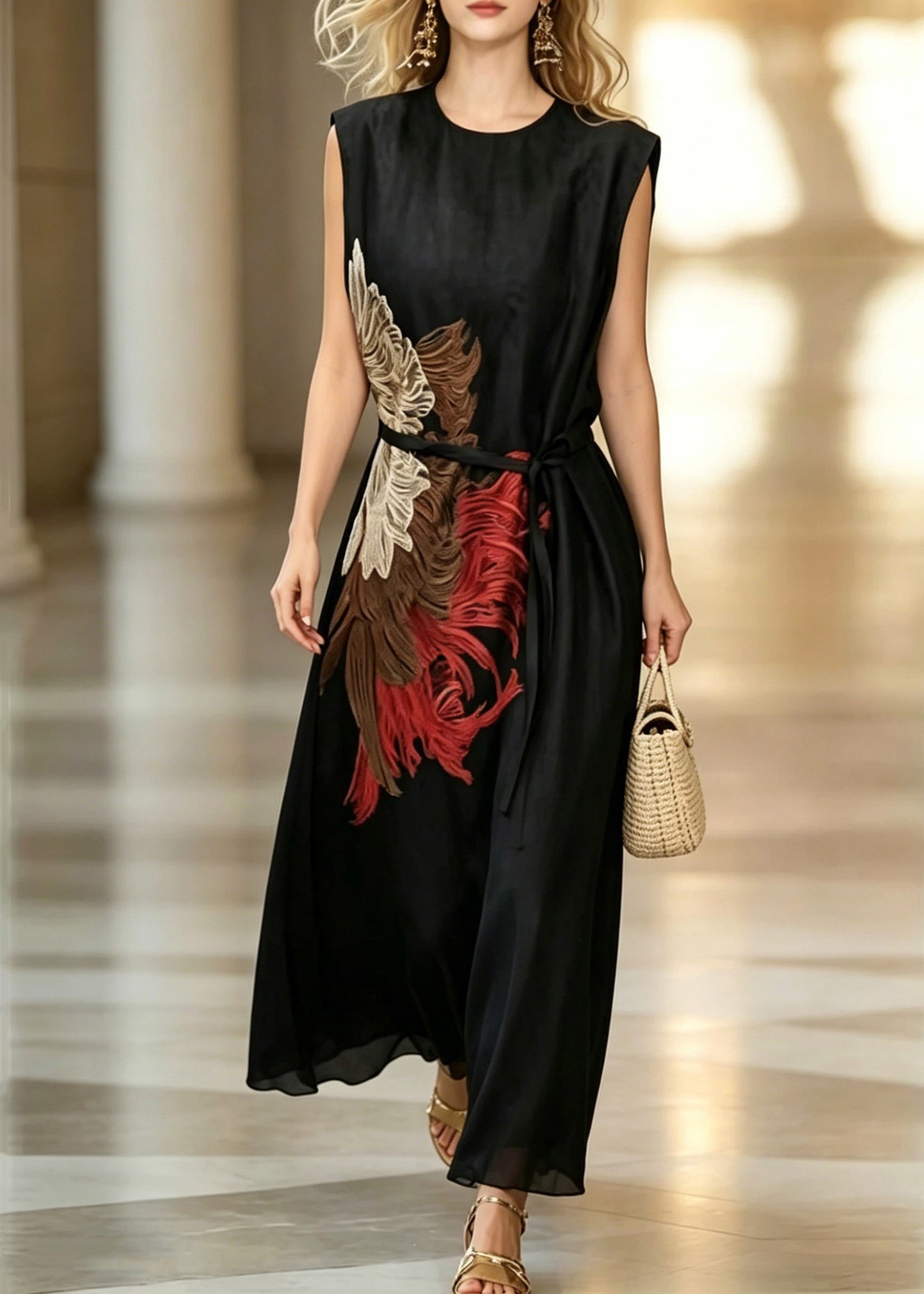 Handmade Black O-Neck Embroidered Sashes Long Dresses Summer