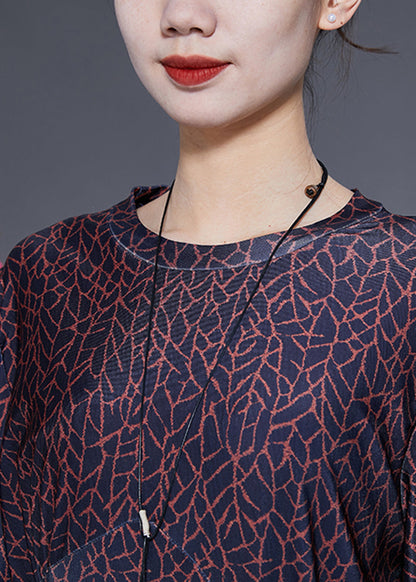 Handmade Black O-Neck Patchwork Print Wrinkled Silk Dress Lantern Sleeve