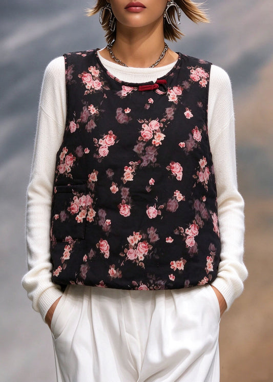 Handmade Black O-Neck Print Warm Fleece Waistcoat Winter