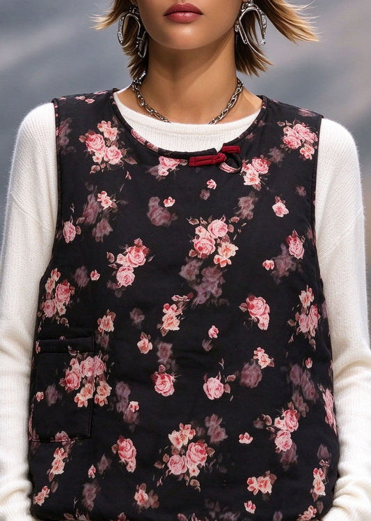 Handmade Black O-Neck Print Warm Fleece Waistcoat Winter