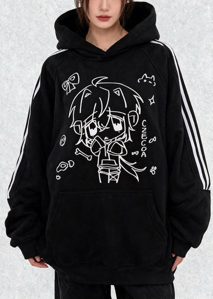 Handmade Black Oversized Print Cotton Sweatshirts Top Winter