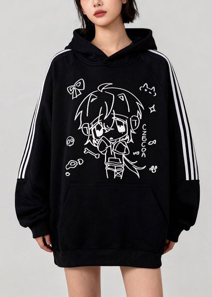 Handmade Black Oversized Print Cotton Sweatshirts Top Winter