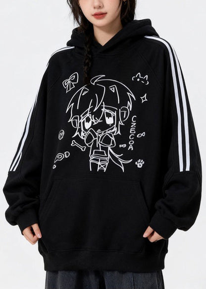 Handmade Black Oversized Print Cotton Sweatshirts Top Winter