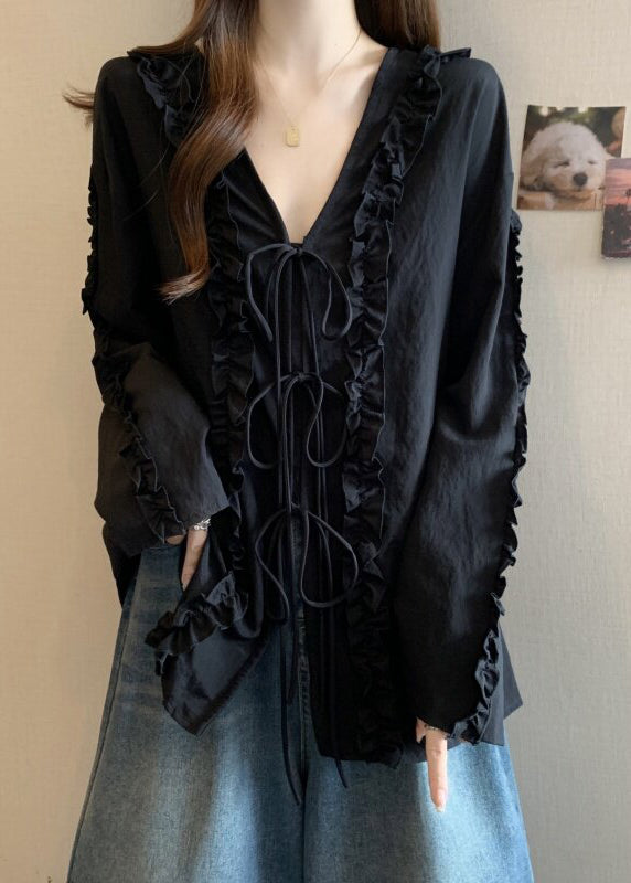 Handmade Black Patchwork Bow Shirt Long Sleeve