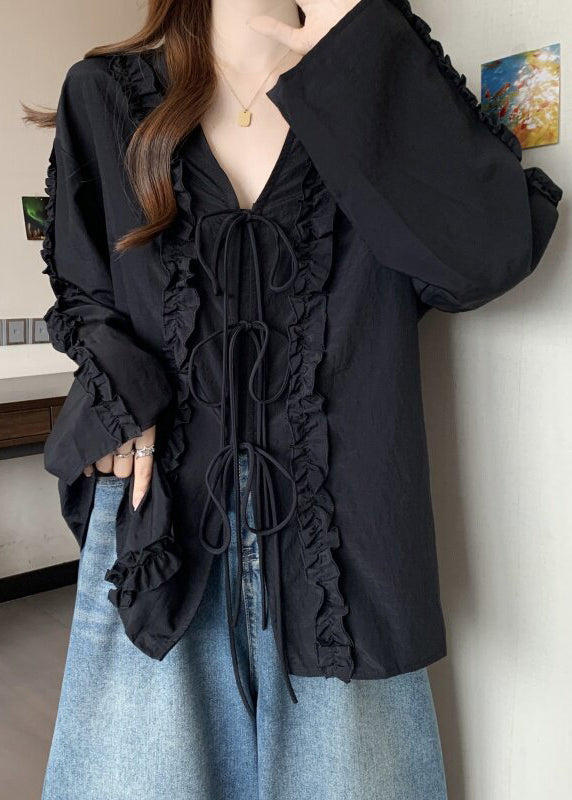 Handmade Black Patchwork Bow Shirt Long Sleeve