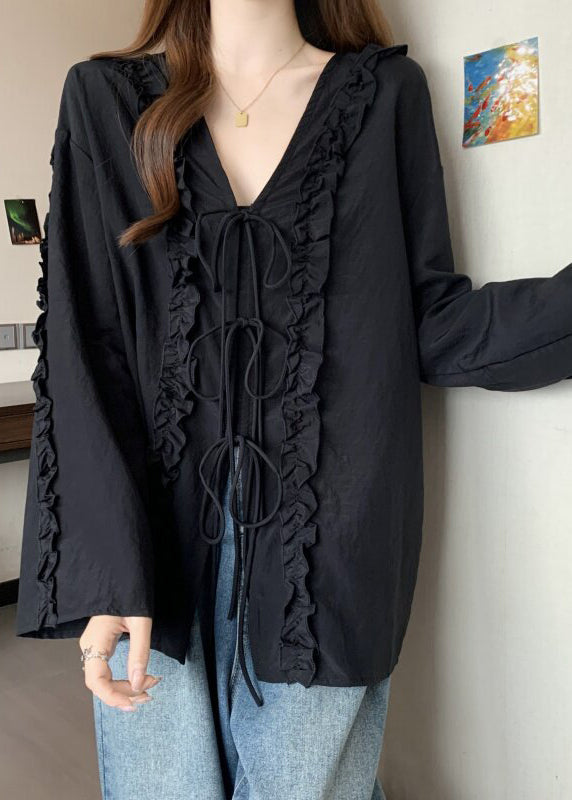 Handmade Black Patchwork Bow Shirt Long Sleeve