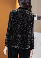 Handmade Black Peter Pan Collar Button Print Velour Top Spring